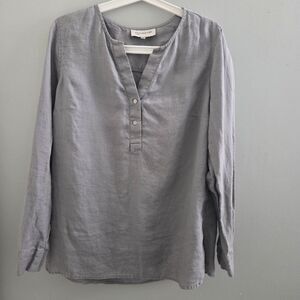 Jones New York Linen Blouse Gray Pullover 2 button placket V Neck Top Large